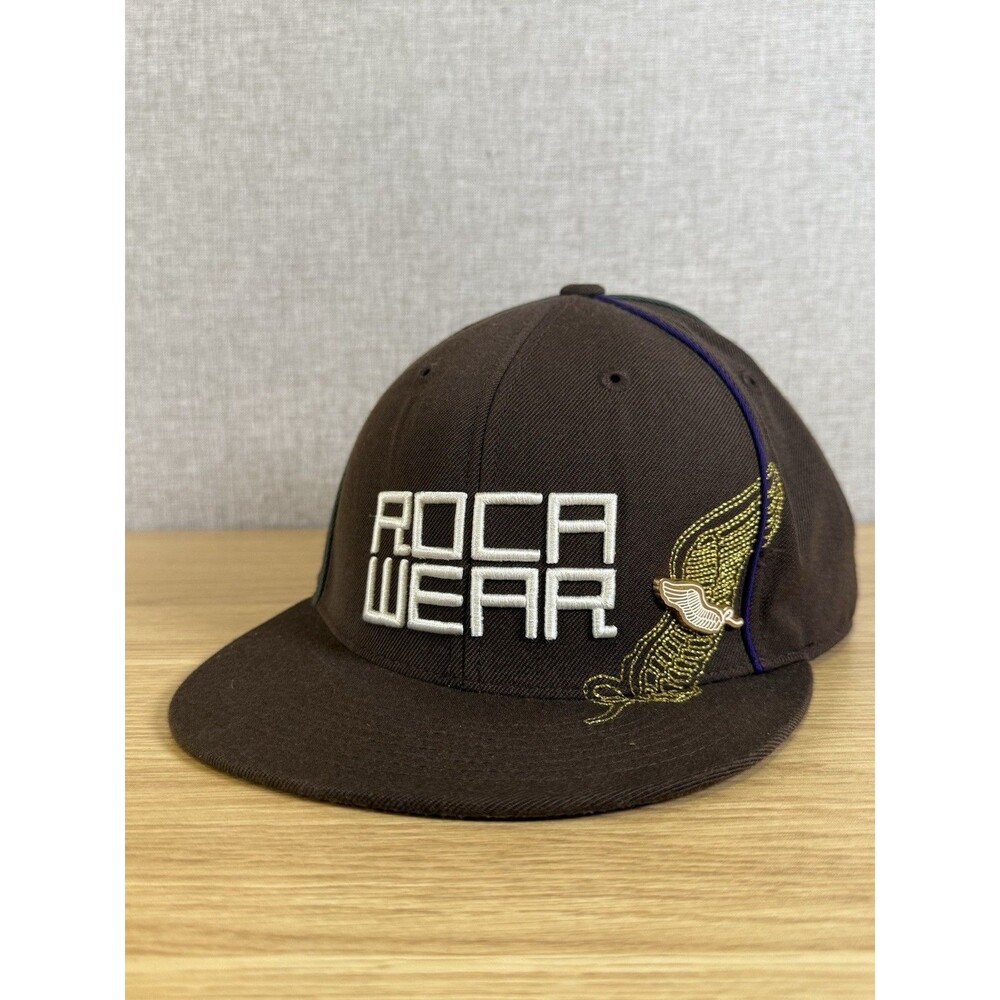 Rocawear Fitted Hat Size 8 Gold Wings Embroidered Y2K Hip Hop Brown Cap With Pin